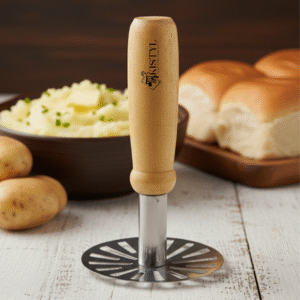KISTYL - Stainless Steel Potato Masher with Wooden Handle | Hand Press Vegetable & Fruit Crusher | Heavy Duty Kitchen Tool